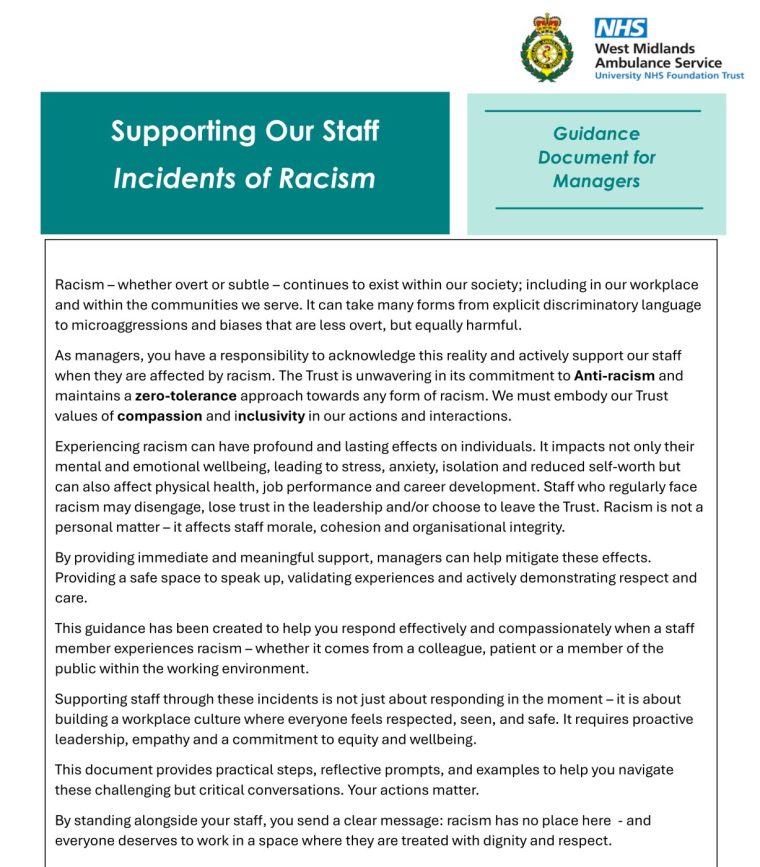 Guidance Document for Managers - Supporting Staff Through Incidents of Racism WMAS